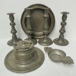 A quantity of pewter including a two han
