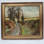 Oil on board. Country lane, trees before