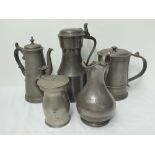 Five 19thC lidded pewter flagons includi