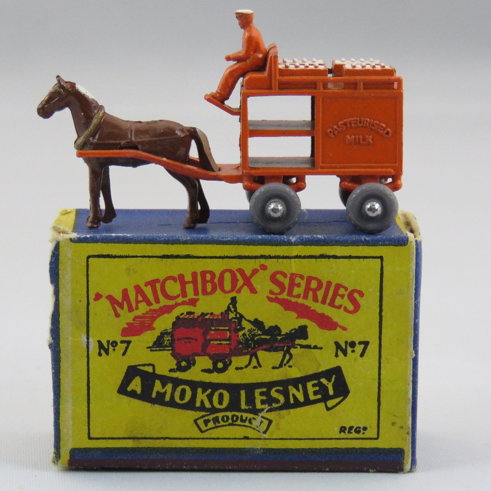 A Moko Lesney Matchbox Series Horsedrawn Milk Float No 7, complete with ...