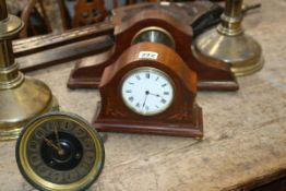 AN EDWARDIAN INLAID MAHOGANY DESK CLOCK, A VICTORIAN CLOCK MOVEMENT AND ONE OTHER