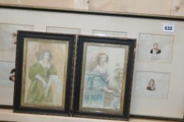 TWO FRAMED GROUPS OF MINIATURE ENGRAVED STUDIES OF FRENCH NOBILITY TOGETHER WITH A PAIR OF