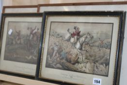 TWO 19TH.C.HAND COLOURED HUNTING PRINTS AND A PAIR OF FRENCH SPORTING PRINTS