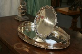 A LARGE PLATED GALLERY TRAY AND A PLATED SALVER