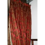 A PAIR OF BEADED AND FRINGED INTERLINED DAMASK CURTAINS WITH TIE BACKS EACH APPROX 3.4 X 3 METRES