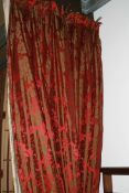 A PAIR OF BEADED AND FRINGED INTERLINED DAMASK CURTAINS WITH TIE BACKS EACH APPROX 3.4 X 3 METRES