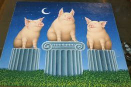 FRED ARIS (ARR) THREE PIGS OIL ON BOARD