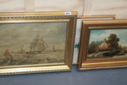 AN OIL ON CANVAS SHIPPING SCENE, A FURTHER OIL PAINTING RIVERSIDE SCENE AND A SIMILAR WATERCOLOUR