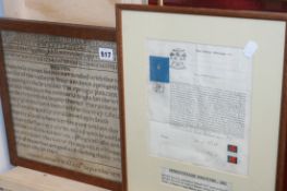 A CIRCA 1830 SAMPLER , A FRAMED INDENTURE 1853, ANOTHER DATED 1728,ETC