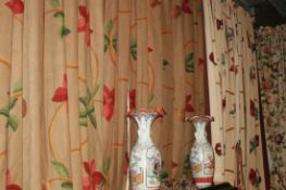 A PAIR OF COTTON WEAVE FAUX CREWEL WORK INTERLINED CURTAINS EACH 310 X 240CMS TOGETHER WITH A