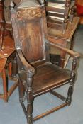 A 17TH.C.OAK AND INLAID WAINSCOT CHAIR