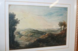 A 19TH.C.WATERCOLOUR FIGURE OVERLOOKING THE YORKSHIRE? DALES