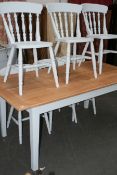 A FRUITWOOD TOP PAINTED KITCHEN TABLE AND SIX CHAIRS