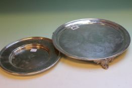 A VICTORIAN SILVER SALVER ON THREE SPLAYED FEET LONDON 1860, 22ozs TOGETHER WITH A CONTINENTAL