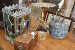 A GEORGIAN BURR WALNUT TEA CADDY, A HALL LANTERN, A TRIVET,SNOOKER BALLS,ETC