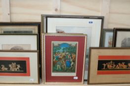 A GROUP OF VARIOUS WATERCOLOURS AND 19TH.C.PRINTS,ETC