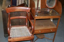 AN UNUSUAL COLONIAL TEAK ARMCHAIR TOGETHER WITH TWO CAMPAIGN TYPE SHAVING MIRRORS
