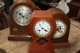 TWO LATE VICTORIAN STRIKING CLOCK MOVEMENTS CONTAINED IN LATER CASES TOGETHER WITH AN EWARDIAN