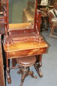 A VICTORIAN MAHOGANY WORK TABLE TOGETHER WITH A SWING MIRROR AND A PIANO STOOL