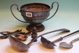 A SILVER TWO HANDLED TROPHY, SHEFFIELD 1910, 20ozs, A SILVER FIDDLE PATTERN SOUP LADLE, LONDON