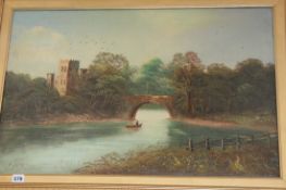 AN EARLY 20TH.C.OIL ON CANVAS WITH GILT FRAME RIVERSIDE CASTLE