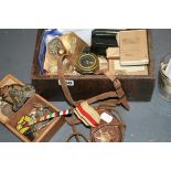 A COLLECTION OF VARIOUS MILITARY MEDALS, A MILITARY MARCHING COMPASS,ETC