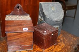 A GEO.III. MAHOGANY SALT BOX, A SHAGREEN STATIONERY BOX AND A SMALL TEA CADDY