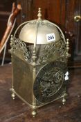 A LATE VICTORIAN BRASS CASED LANTERN STYLE CLOCK WITH TWIN TRAIN WINTERHALDER AND HOFFMIER BELL
