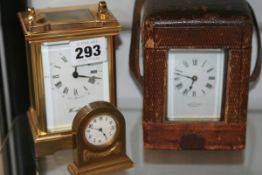 A LATE VICTORIAN BRASS CASED CARRIAGE CLOCK IN ORIGINAL LEATHER OUTER CASE, A LATER WOODFORD