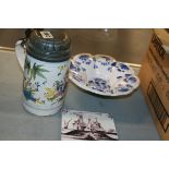 A QUANTITY OF DELFT TILES, A PEWTER LIDDED DELFT TANKARD AND A BOWL