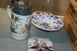 A QUANTITY OF DELFT TILES, A PEWTER LIDDED DELFT TANKARD AND A BOWL