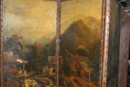 A VICTORIAN HAND PAINTED THREE FOLD SCREEN