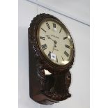 A WM.IV.CARVED MAHOGANY CASED DROP DIAL WALL CLOCK WITH FUSEE MOVEMENT AND PAINTED DIAL SIGNED