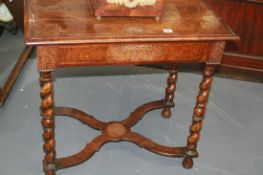A 19TH.C.WALNUT AND MARQUETRY SIDE TABLE WITH SHAPED PLATFORM STRETCHER