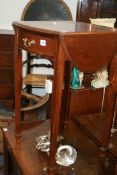 A MAHOGANY MINIATURE DROP LEAF TABLE, TWO OCCASIONAL TABLES AND A STOOL