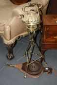 A SET OF GEORGIAN MAHOGANY AND ELM BELLOWS AND A VICTORIAN BRASS KETTLE ON STAND