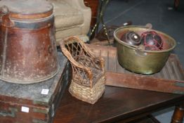 A BRASS BOUND BOX, A TOLEWARE FLOUR BIN, BOWLING WOODS,ETC