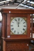 A GEORGIAN OAK CASED 30 HOUR LONG CASE CLOCK WITH PAINTED SQUARE DIAL SIGNED HOUNSOM, LISS