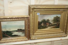 AN OIL ON CANVAS RIVERSIDE SCENE SIGNED J MOZZINEZ TOGETHER WITH TWO UNSIGNED 20TH.C.OIL PAINTINGS