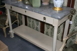 AN ANTIQUE MARBLE TOP CONSOLE TABLE WITH FRIEZE DRAWER