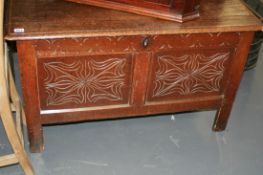 A GOOD EARLY 18TH.C.SMALL OAK TWO PANEL COFFER