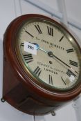 AN EARLY 19TH.C.MAHOGANY DIAL WALL CLOCK WITH FUSEE MOVEMENT AND SIGNED JOHN BENNETT, LTD.,CHEAPSIDE