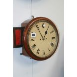A MID 19TH.C.MAHOGANY CASED WALL CLOCK WITH TWIN TRAIN BELL STRIKE MOVEMENT AND UNSIGNED PAINTED