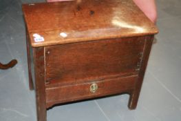 A 19TH.C.MAHOGANY MINIATURE MULE CHEST TOGETHER WITH A GEORGIAN TRIPOD TABLE AND A CARVED OAK STOOL
