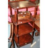 A VICTORIAN MAHOGANY FOUR TIER WHAT NOT TOGETHER WITH A ROSEWOOD TEA CADDY