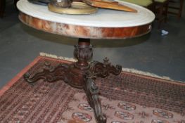 A 19TH.C.MAHOGANY AND MARBLE TOPPED CENTRE TABLE ON CARVED TRIPOD SUPPORT