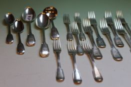 A QUANTITY OF 19TH.C.FIDDLE AND THREAD PATTERN SILVER CUTLERY, ASSORTED DATES, 44ozs ALL IN.   £