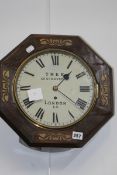 A REGENCY ROSEWOOD AND BRASS INLAID OCTAGONAL CASED FUSEE DIAL WALL CLOCK SIGNED TREE, GREAT DOVER