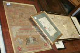 A VICTORIAN SAMPLER TOGETHER WITH VARIOUS MAPS TO INCLUDE A WILLIAM KIPP MAP OF LEICESTER