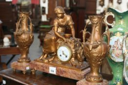 A GOOD QUALITY VICTORIAN ART NOUVEAU STRIKING MANTLE CLOCK DECORATED WITH FEMALE FIGURE AND CHICKENS